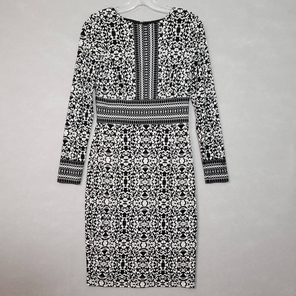 White House Black Market Womens 2 Sheath Dress Black White Damask Border Print
